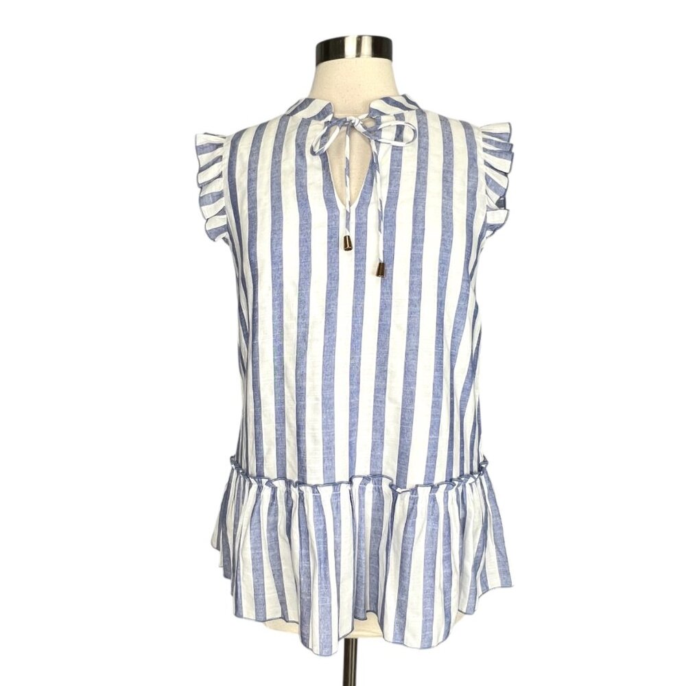 Joy Joy Womens Blue White Stripe Ruffle Top Tie V Neck Sleeveless size Large